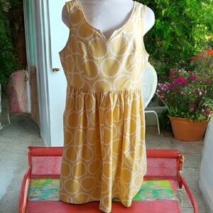 Fervour 1990s Dress Vintage Y2K Gold White Pleated Flare Casual USA Sundress